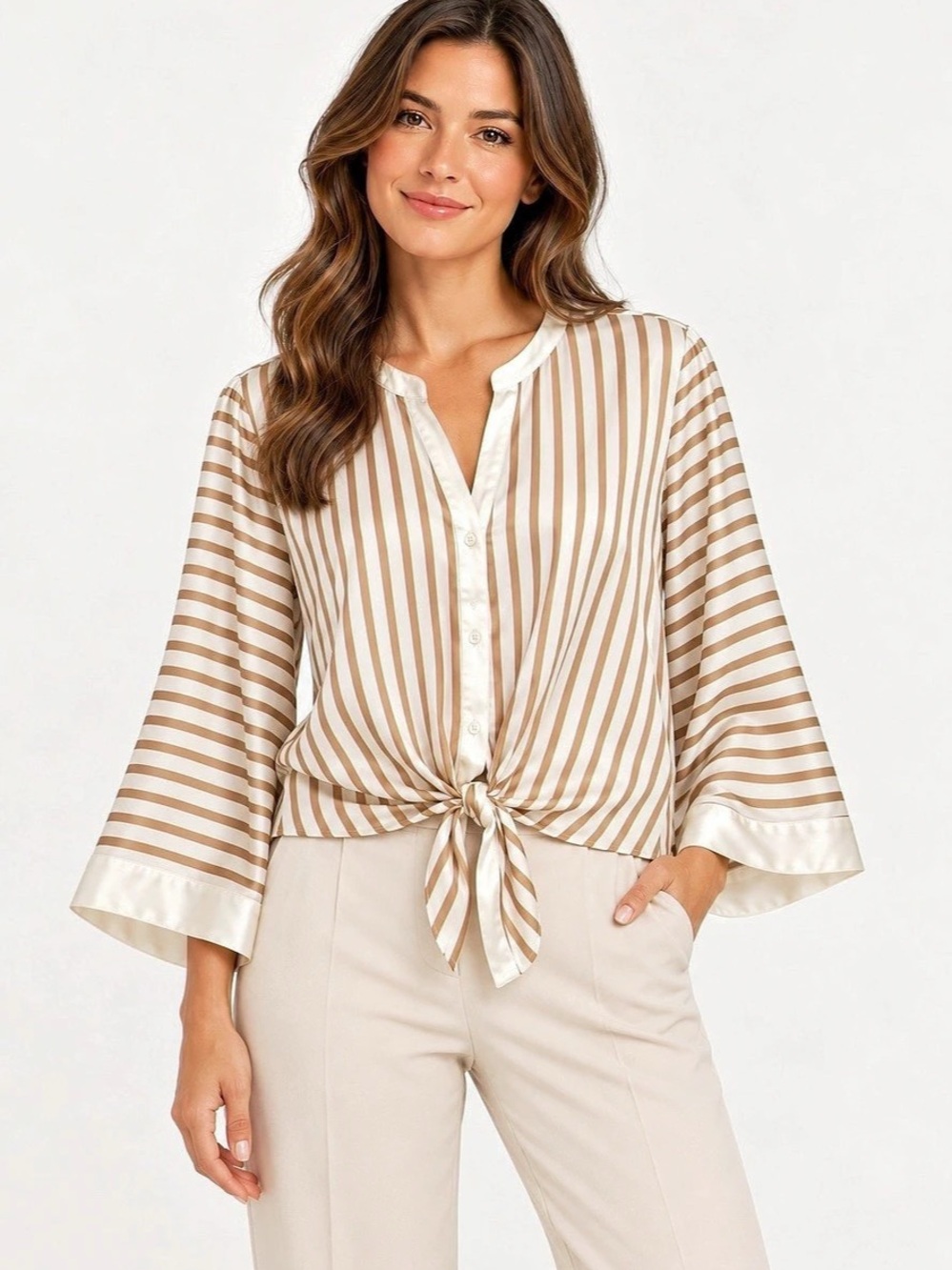 Halogen Nordstrom Stripe Bell Sleeve Tie Front Button-Up Top in Brown & Cream